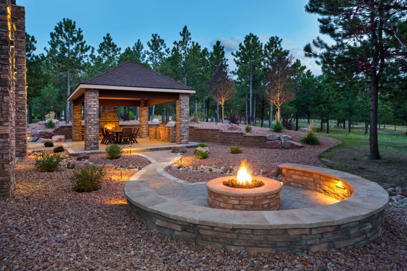 Outdoor gazebo and fire pit landscape